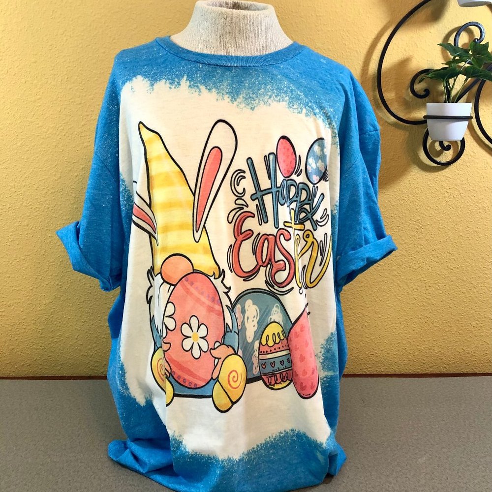 NEW ADULT UNISEX LARGE Tee "Happy Easter Gnome" Bleached & Sublimated